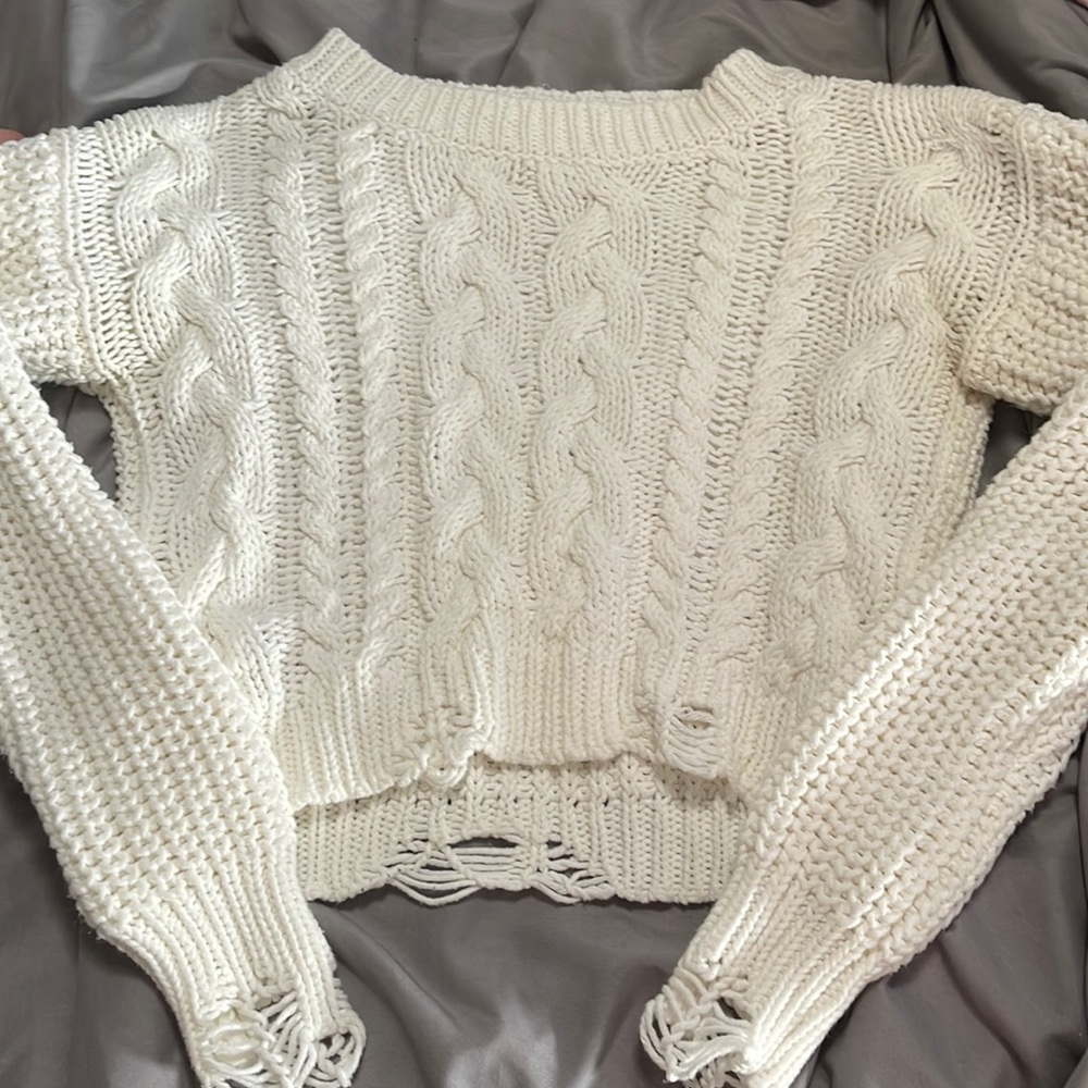 White distressed knit cropped sweater